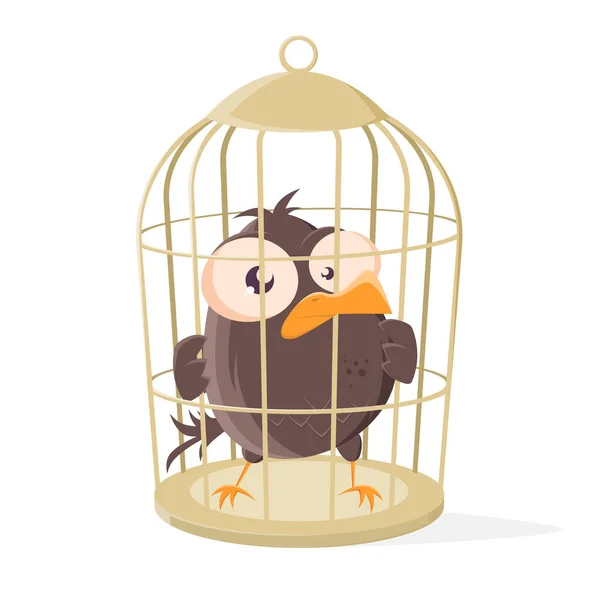 滑稽的卡通鸟被锁在鸟笼里 — 图库矢量图片