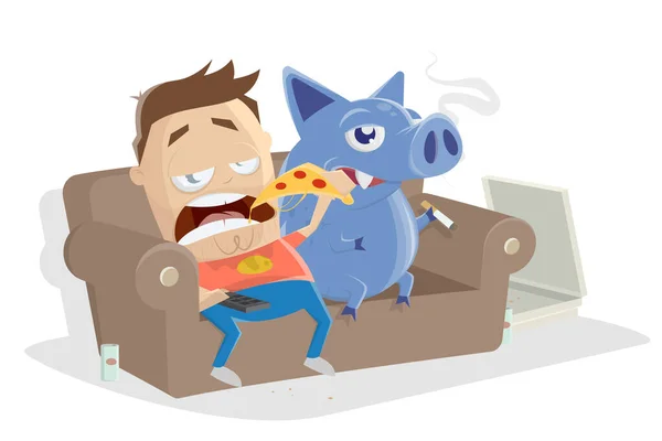 Hombre Dibujos Animados Perezoso Sentado Sofá Comiendo Pizza Con Perro — Vector de stock