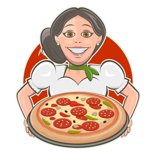 Italienisches Mädchen Serviert Leckere Pizza Cartoon Logo — Stockvektor