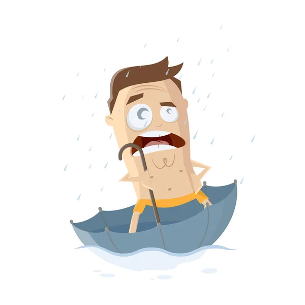 Angry Cartoon Man Floating Umbrella Because Rainy Summer — Stock Vector