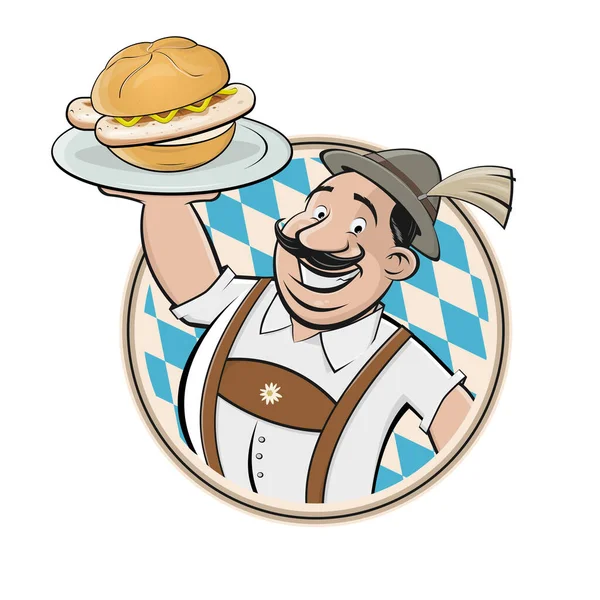 Funny Bavarian Cartoon Man Serving Bavarian Specialty Bratwurstsemmel — Stock Vector