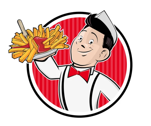 Signo Dibujos Animados Retro Con Niño Sirviendo Papas Fritas — Vector de stock