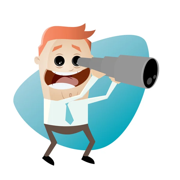 Funny cartoon businessman with telescope — Stock Vector