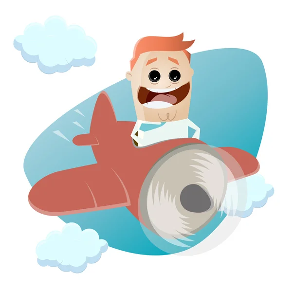 Funny businessman flying with a plane — Stock Vector