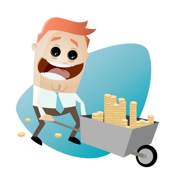 Funny businessman with wheelbarrow full of money — Stock Vector