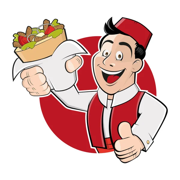 Funny cartoon man in a badge is serving kebab doner — Stock Vector