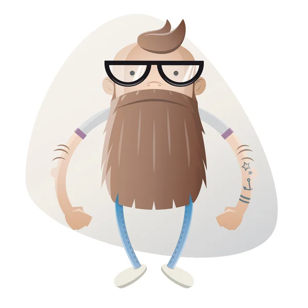 Divertido hipster de dibujos animados con barba y gafas — Vector de stock