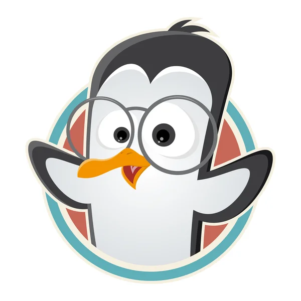 Funny cartoon penguin with glasses in a badge — Stock Vector