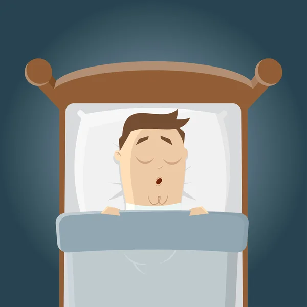 Homem dos desenhos animados está dormindo em sua cama — Vetor de Stock