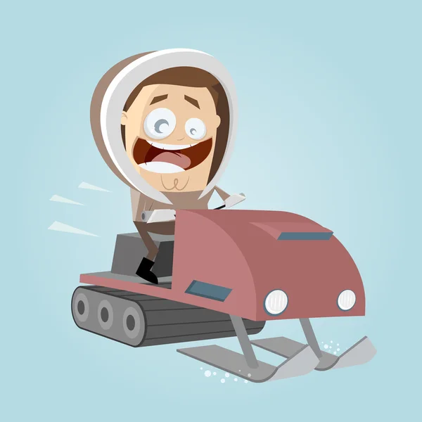 Homem engraçado dos desenhos animados com snowmobile —  Vetores de Stock