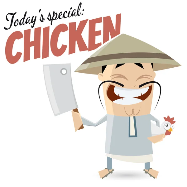 Divertido chino de dibujos animados con pollo — Vector de stock