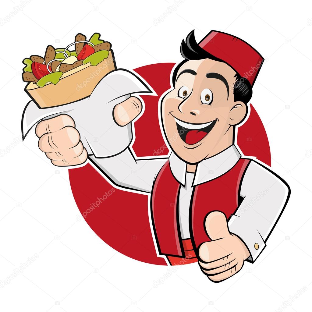 Funny cartoon man in a badge is serving kebab doner