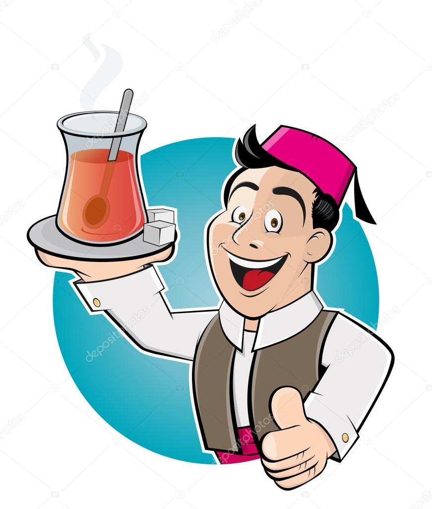 Happy cartoon man is serving turkish tea