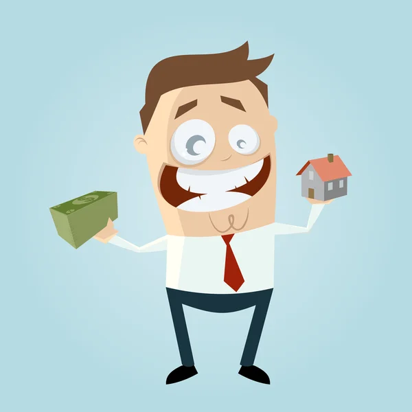 Lustiger Geschäftsmann mit Haus und Geld — Stockvektor