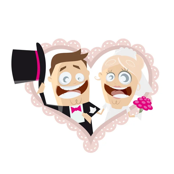 Divertido dibujos animados boda pareja en un corazón — Vector de stock