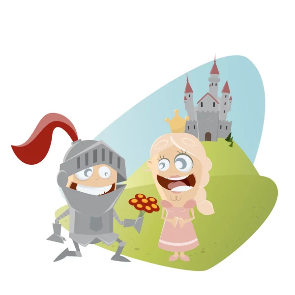 Funny cartoon knight giving flowers to a princess — Stock Vector