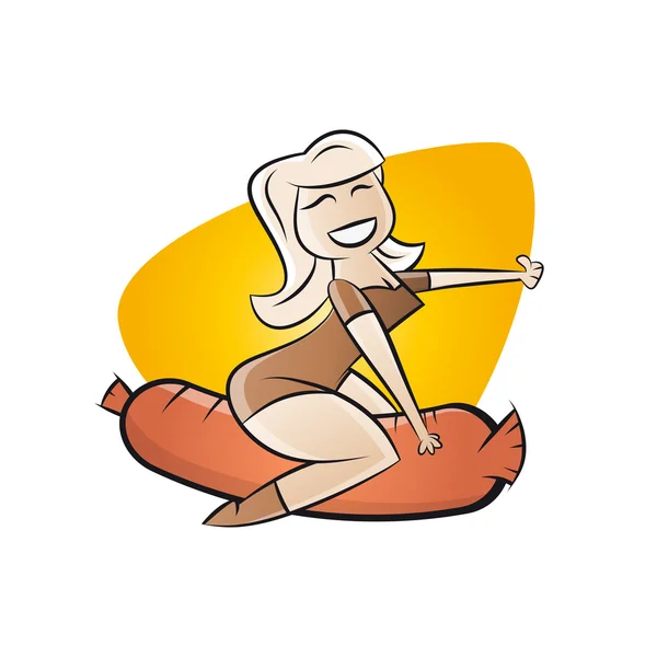 Retro cartoon girl riding on a sausage — Stock Vector