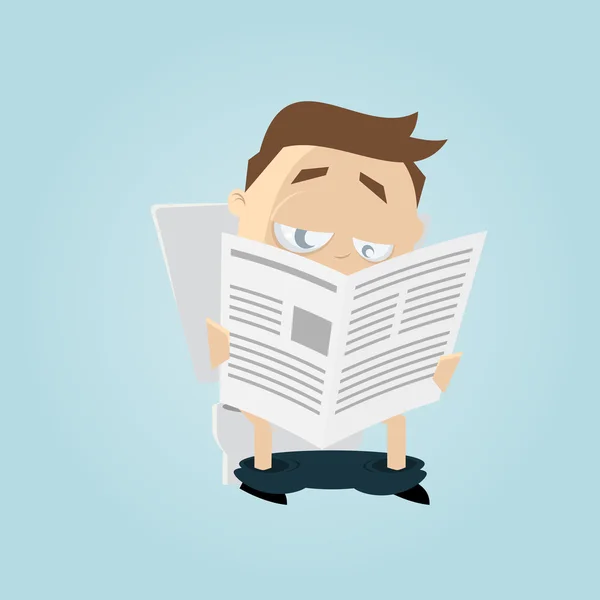 Divertente uomo dei cartoni animati sta leggendo giornale sulla toilette — Vettoriale Stock