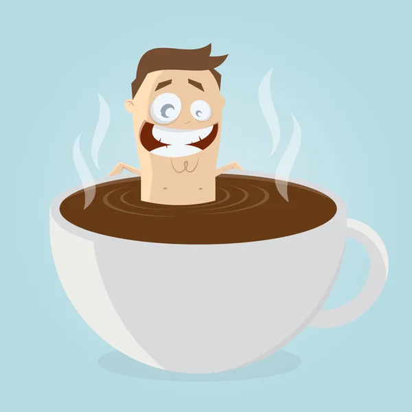 Divertido hombre de dibujos animados bañarse en una taza de café — Vector de stock