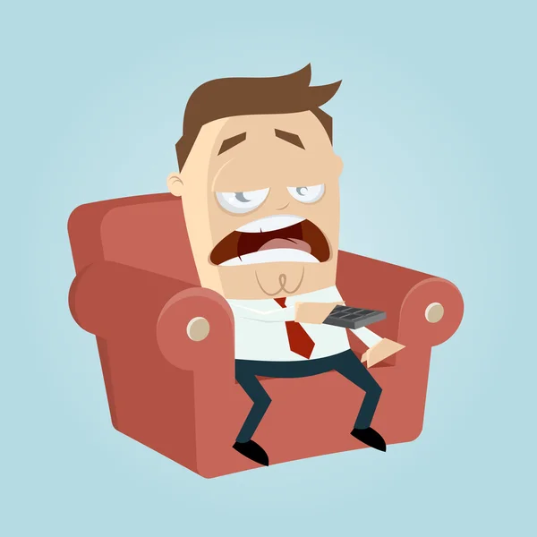Annoiato uomo cartone animato sul divano è zapping con telecomando — Vettoriale Stock
