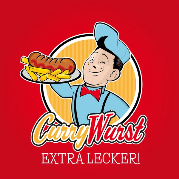 Retro-Cartoon-Mann mit deutscher Currywurst — Stockvektor