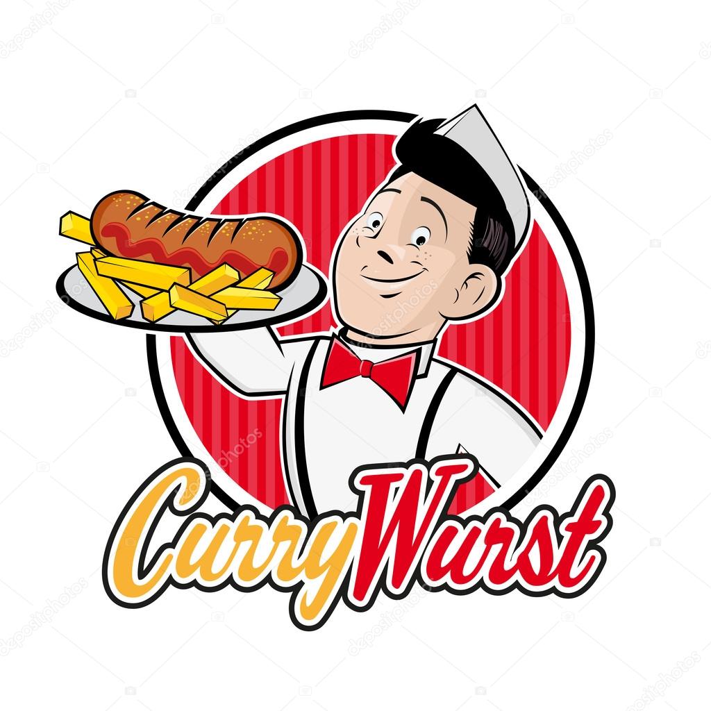 retro cartoon man with german currywurst in a badge