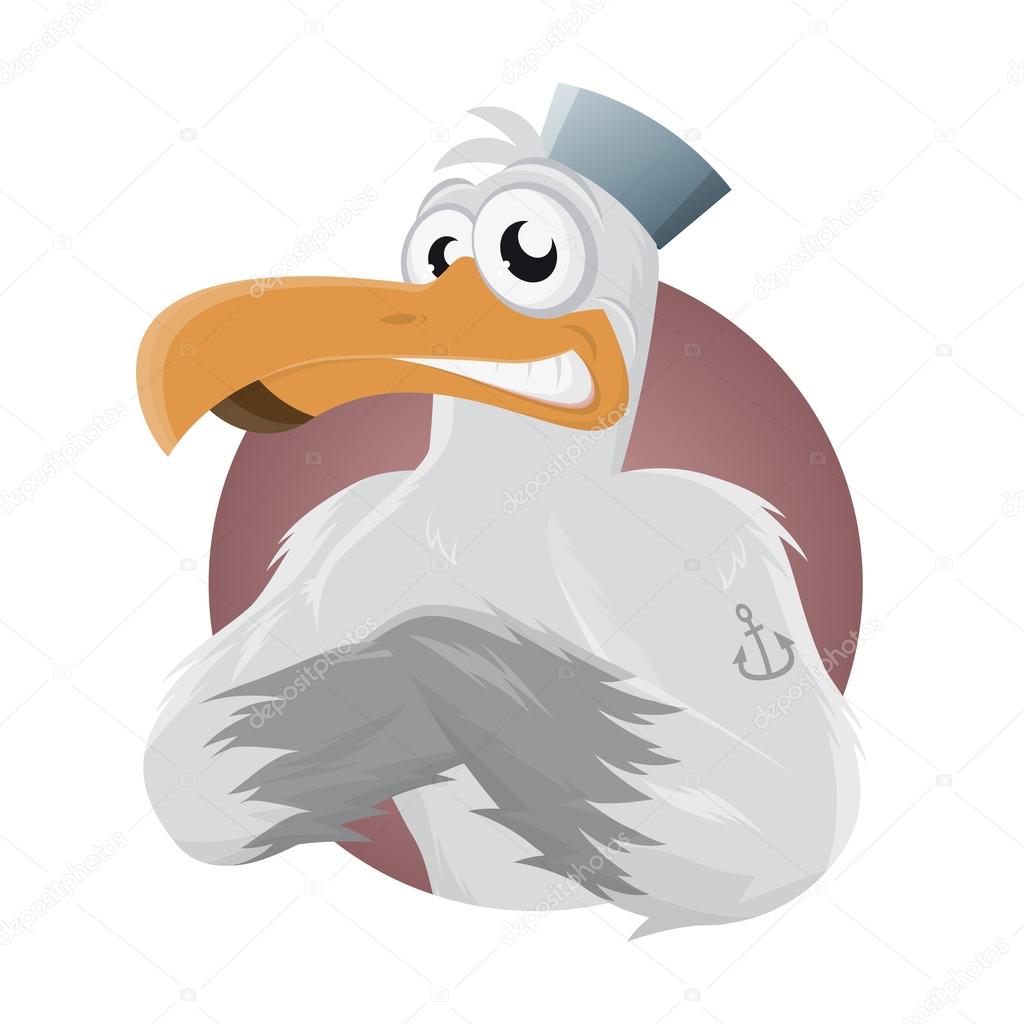 funny cartoon seagull with hat and anchor tattoo