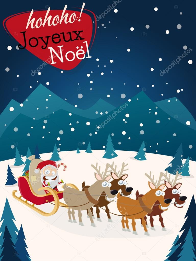 french christmas greetings Joyeux Noel with santa claus and reindeers
