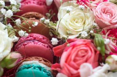 Hediye kutusu, renkli Macaron çiçeklerle, doğal ışık, Bloom kutusu
