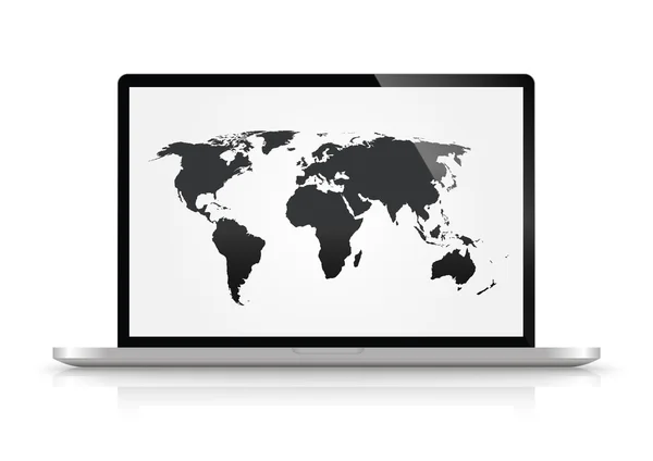 Moderno portátil brillante aislado en blanco con mapa del mundo — Vector de stock