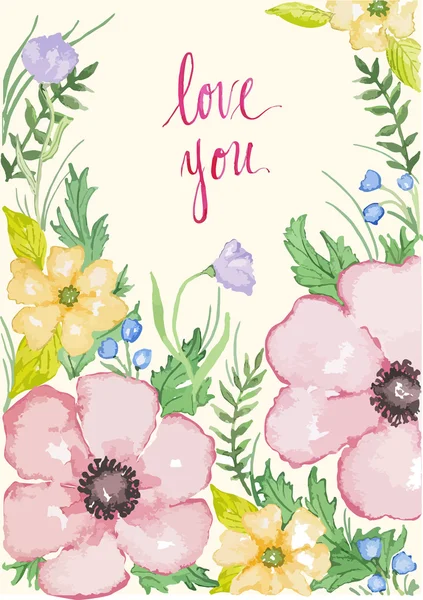 Seni seviyorum. Çerçeve çiçek. Çiçekli suluboya arka plan