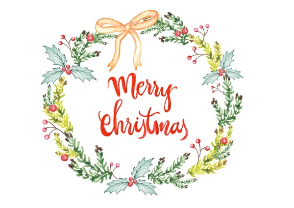 Neşeli Noel suluboya holly berry çelenk kartı