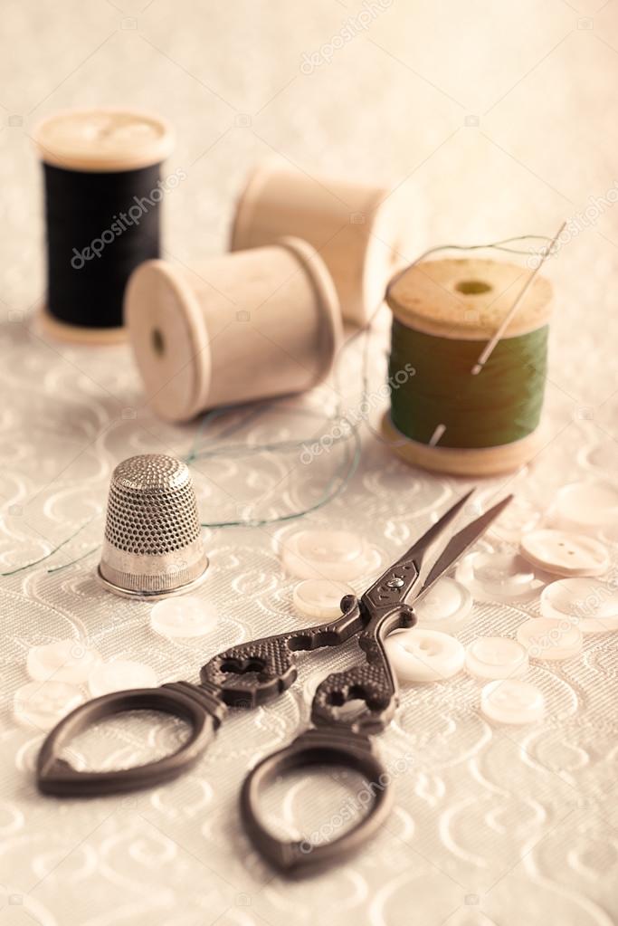 Sewing pin holder with thimble Stock Photo