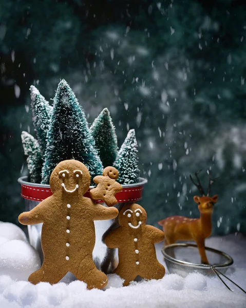 Lebkuchenfamilie im Schnee — Stockfoto