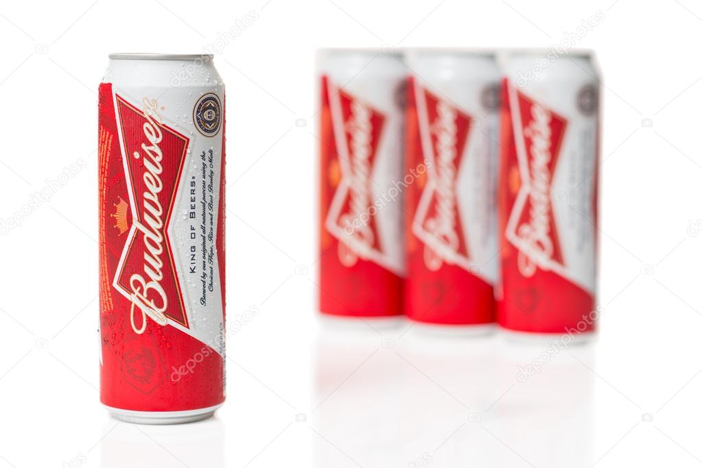 TELFORD, UK - March 25, 2014: Photo of cans of Budweiser lager beer.  Budweiser is the worlds largest selling beer brand and is brewed by the St. Louis USA based Anheuser-Busch company