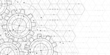 Beyaz arka planda mühendislik çizimi. Dişlilerin teknik çizimi. Geometrik eşkenarlar. Soyut teknik.Vektör çizimi.