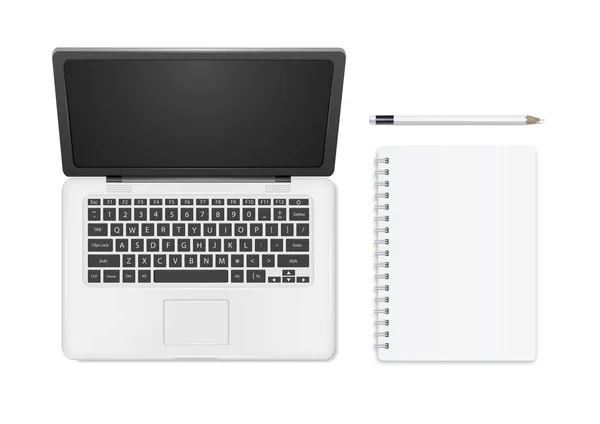Laptop Białym Tle Notatnik Ołówkiem Dostawy Biurowe Ilustracja Wektora — Wektor stockowy