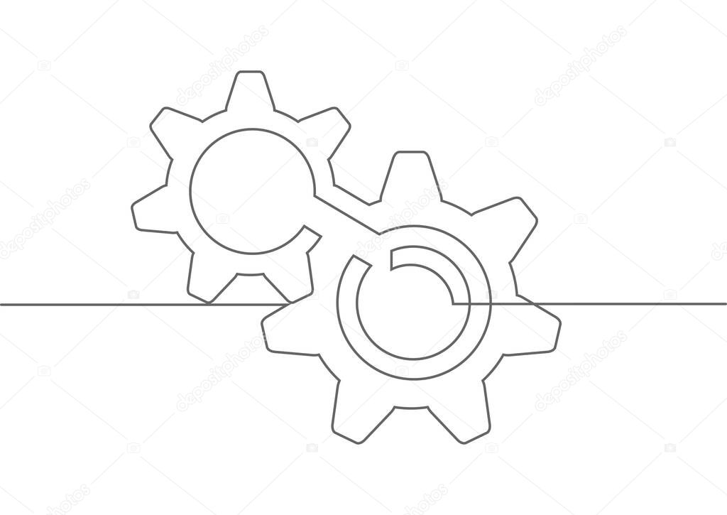 Continuous line gears .Engineering drawing.Technical drawing of gears .Rotating mechanism of round parts .Machine technology.Vector illustration