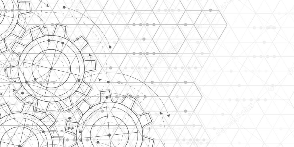Engineering drawing .Hexagons on white background.Technical drawing of gears .Geometric rhombuses.Abstract tech.Vector illustration.