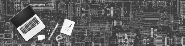 Concepto Técnico Con Fondo Del Dibujo Laptop Technical Ingeniería Mecánica — Archivo Imágenes Vectoriales