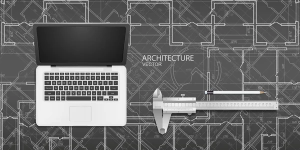 Проект Плана Дома Ноутбук Инженера Архитектора Технический Рисунок Инженерный Дизайн — стоковый вектор