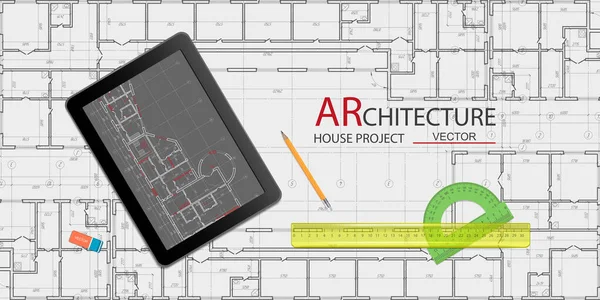 Plan Architektoniczny Tablecie Design Engineer Miejsce Pracy Rysunek Techniczny Projekt — Wektor stockowy