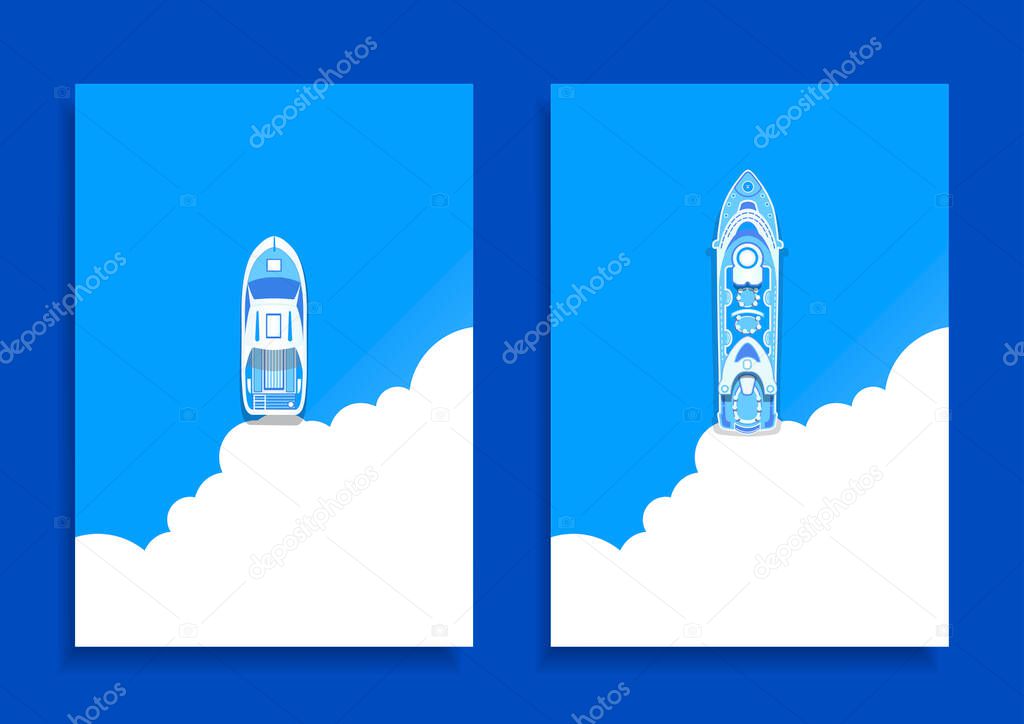 Cruise ship top view .Motor boat .Banner for holiday travel and vacations.Sea Ocean .Vector illustration.