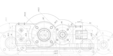 Dişlilerin teknik çizimi. Yuvarlak parçaların dönen mekanizması. Makine teknolojisi. Vektör illüstrasyonu.