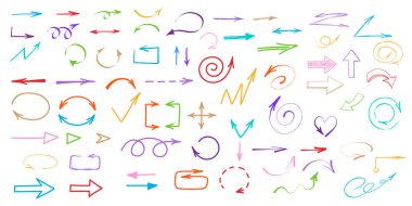 Oklar hazır. Çok renkli ok düz biçimi beyaz arkaplanda izole edildi. Tasarım sembolleri. Vektör .