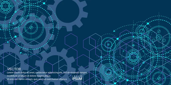 Teknoloji arka planı. Teknik vites çizimi. Mühendislik kavramı. Yuvarlak parçaların dönen mekanizması. Geometrik eşkenarlar. Vektör illüstrasyonu