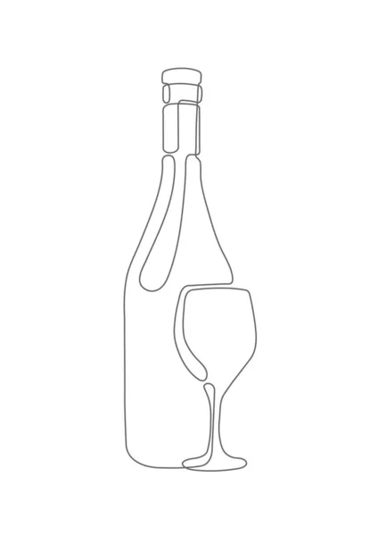 Wine Bottle Glass Alcoholic Drinks Continuous One Line Drawing Wine — Stock Vector