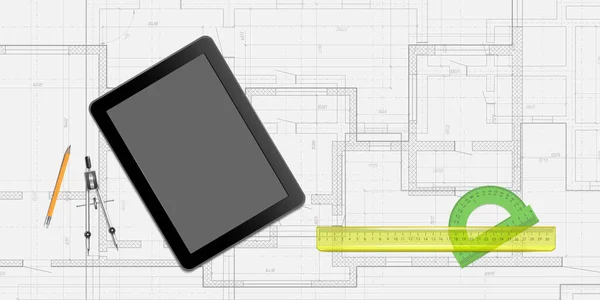 Plan Architektoniczny Domu Tablet Screen Writing Ruler Ołówek Kompasy Design — Wektor stockowy