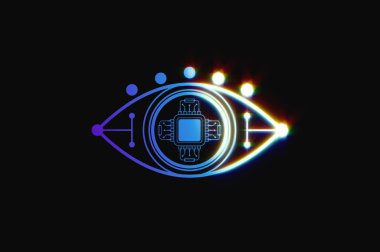 Göz Tarayıcı Logosu. Siyah arkaplanda siber göz. Elektronik nanoteknoloji. Geleceğin teknolojileri. .