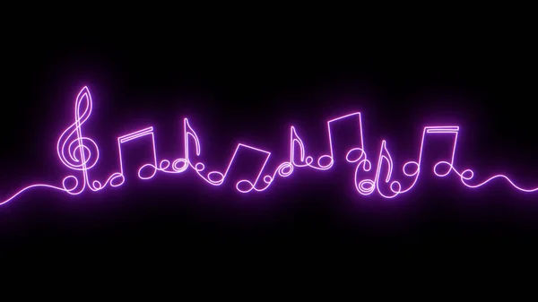 Siyah arkaplan üzerine müzikal notalar. Neon müzikal kavram. Devamlı çizgi çizimi..